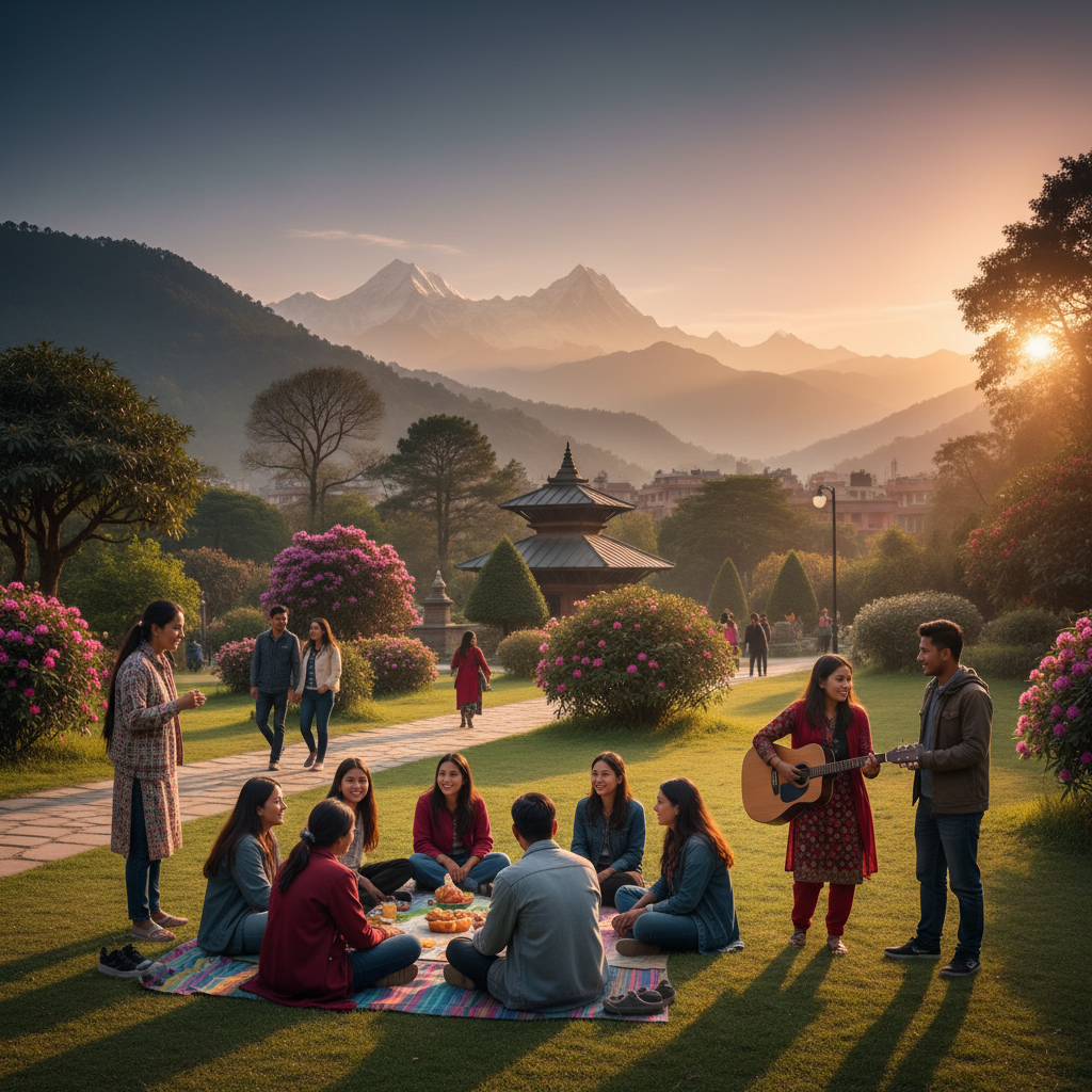 diverse group of young Nepali people connecting and socializing in a park, horizontal