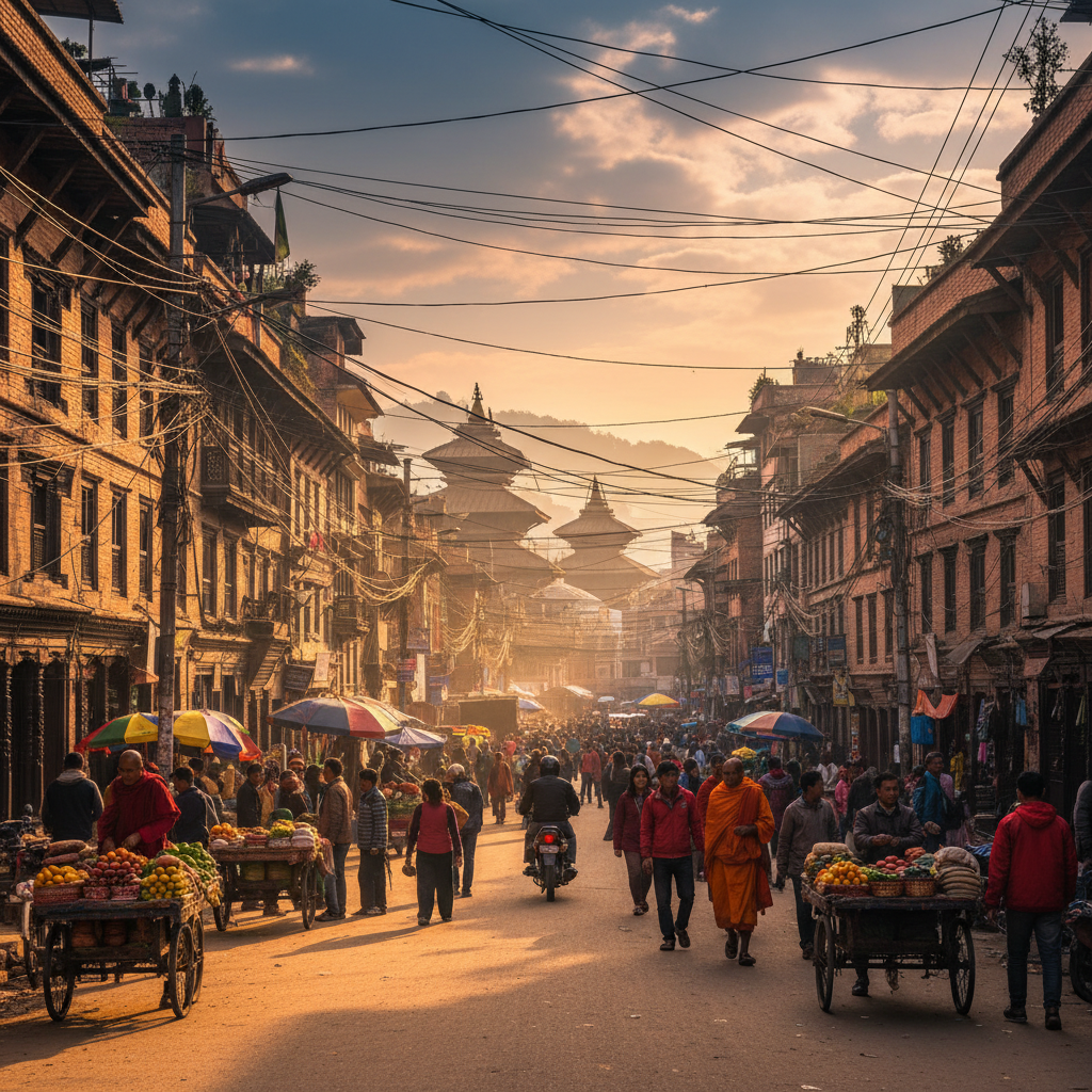 overview of Kathmandu street life, Nepal, daytime, horizontal