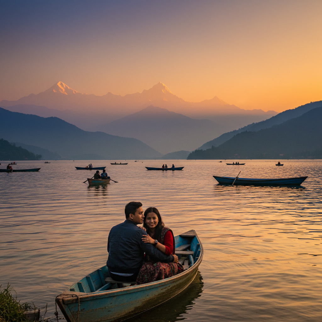 young Nepali couple sharing a quiet moment by Phewa Lake, Pokhara, Nepal, romantic sunset, horizontal