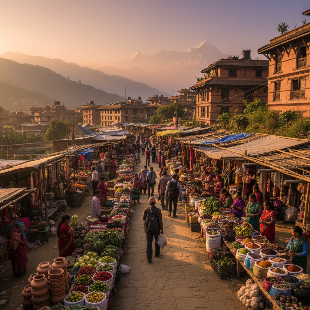 bustling local market in Nepal with vendors and shoppers, diverse goods, horizontal