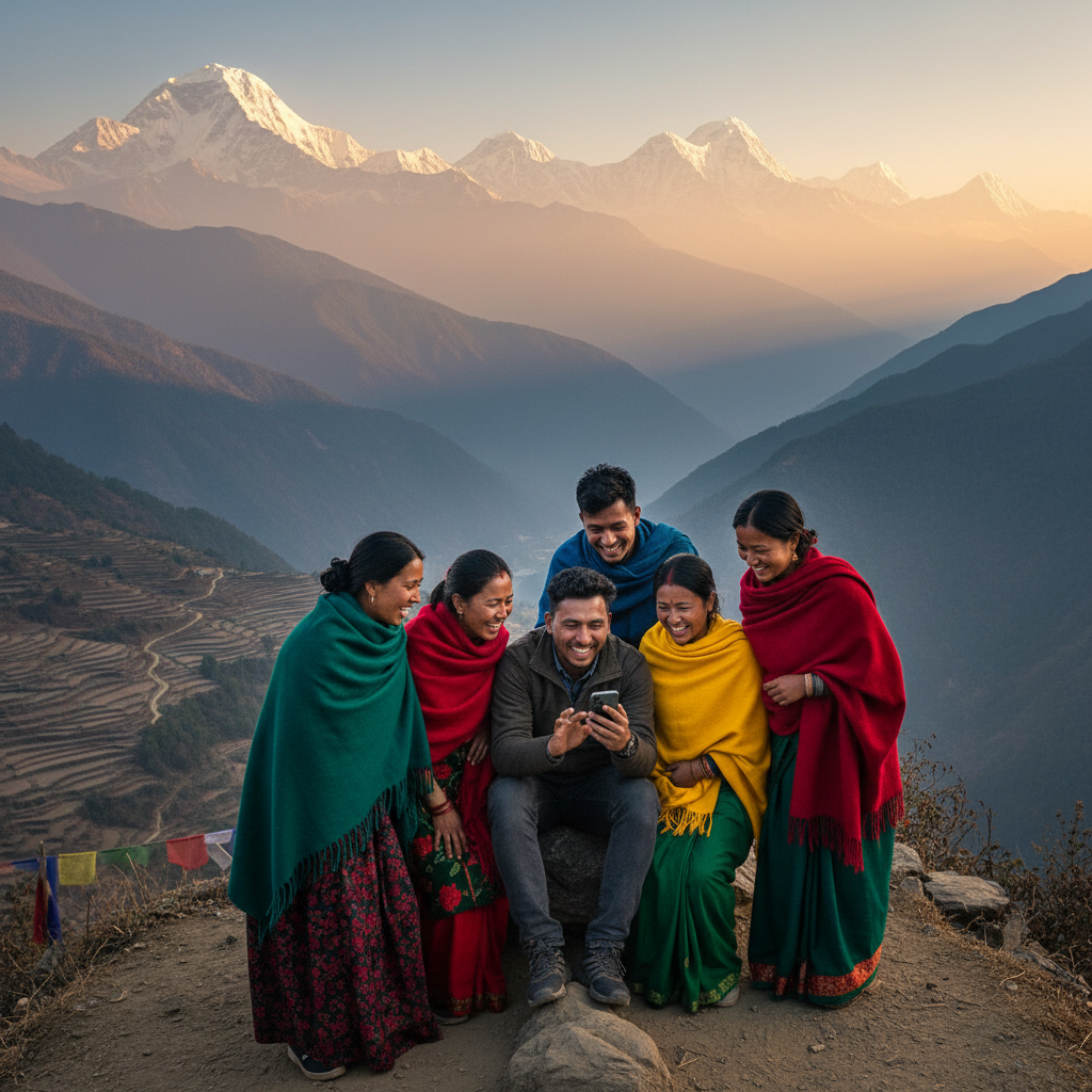 group of Nepali friends laughing and sharing a phone, vibrant colors, horizontal