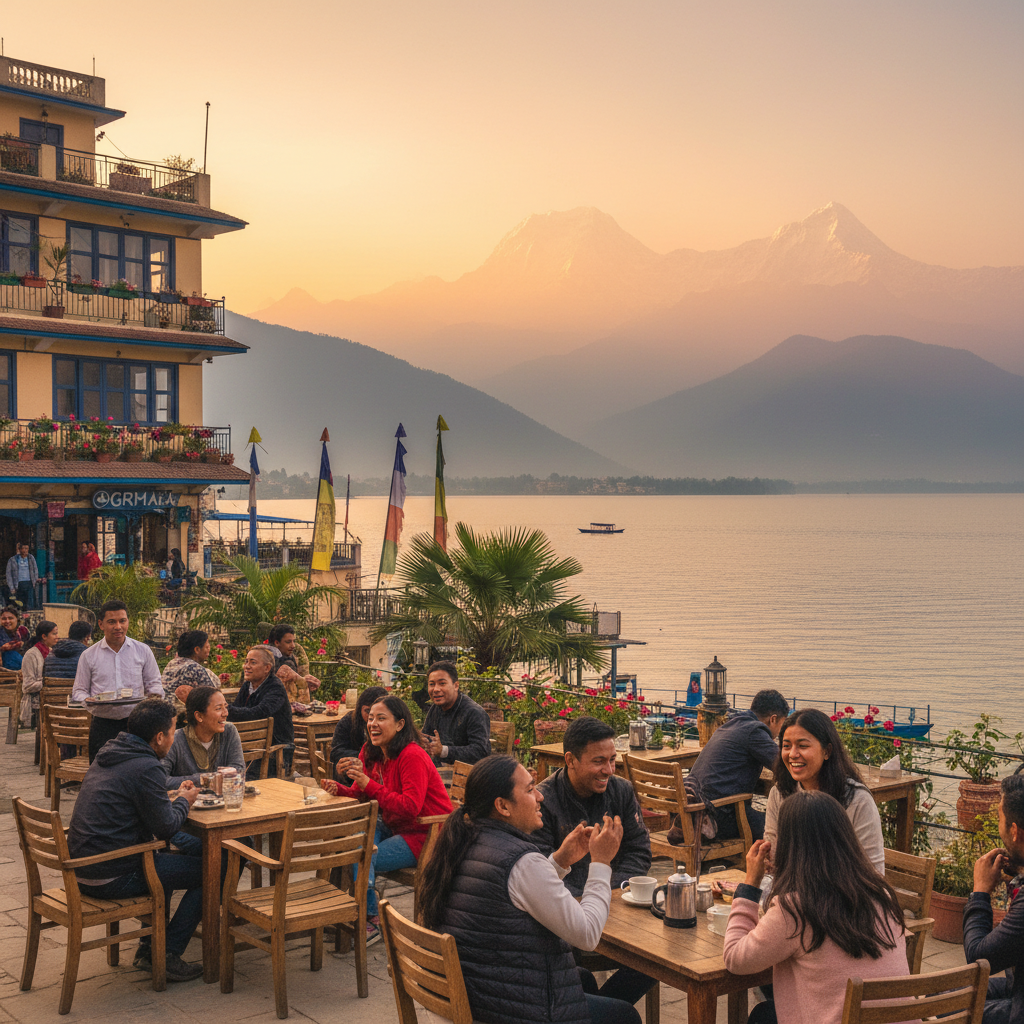people gathered at an outdoor cafe in Pokhara, Nepal, enjoying conversation, horizontal