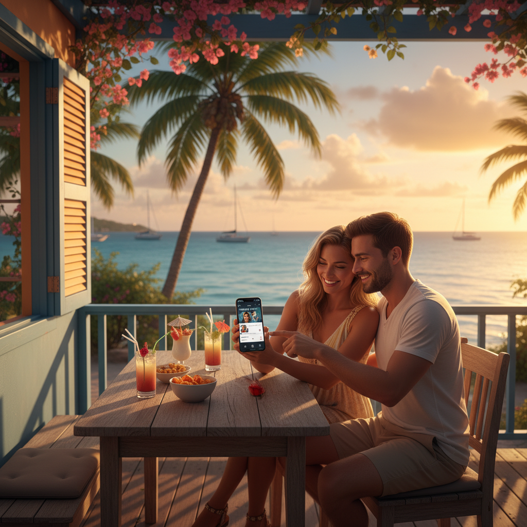couple using dating app on phone in a cafe, Netherlands Antilles, horizontal