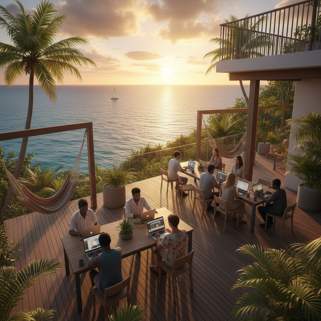 people working on laptops in a co-working space, Netherlands Antilles, horizontal