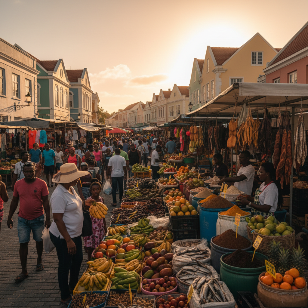 busy local market scene in Netherlands Antilles, horizontal