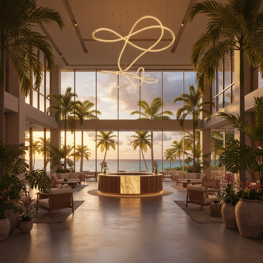 modern hotel lobby with tropical plants, Netherlands Antilles, horizontal