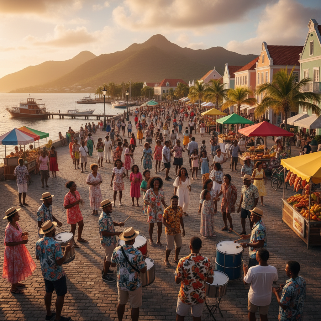 diverse group of people at a local festival, Netherlands Antilles, horizontal