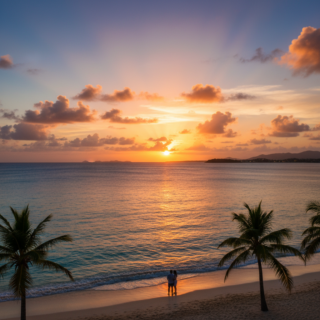 romantic sunset view over the ocean in the Netherlands Antilles, horizontal