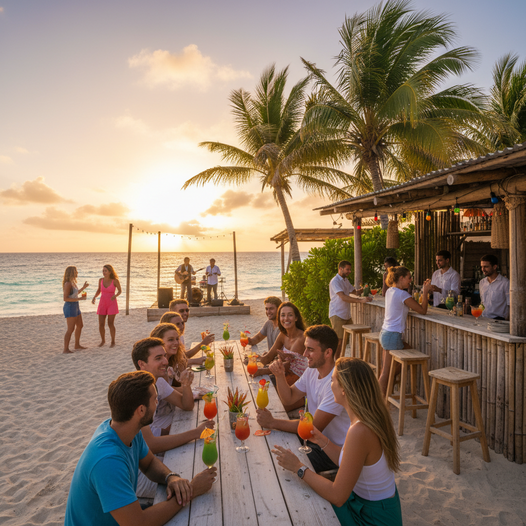 young adults interacting at a beach bar in the Netherlands Antilles, horizontal