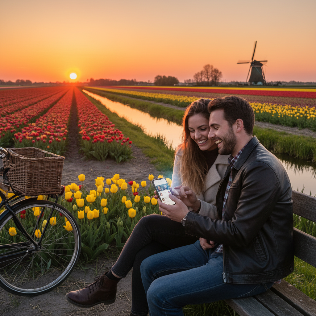 Couple using dating app on phone, Netherlands, horizontal photo