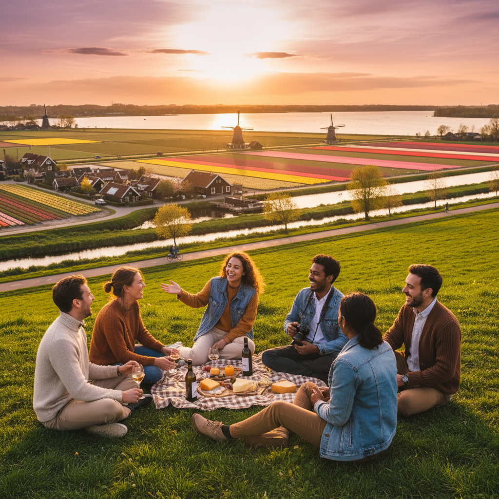 Diverse group of friends socializing, Netherlands, horizontal photo