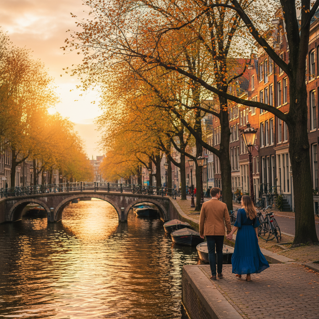 Romantic couple walking by canal, Amsterdam, horizontal photo