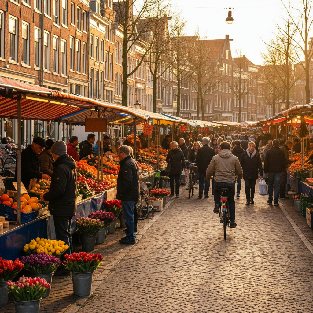 Busy street market, Netherlands, horizontal photo