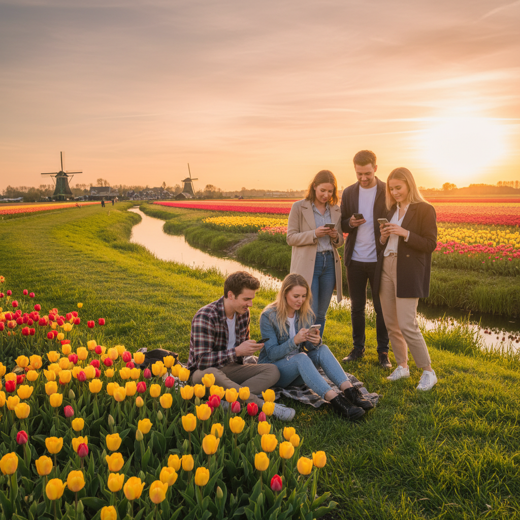 Young adults using smartphones, Netherlands, horizontal photo