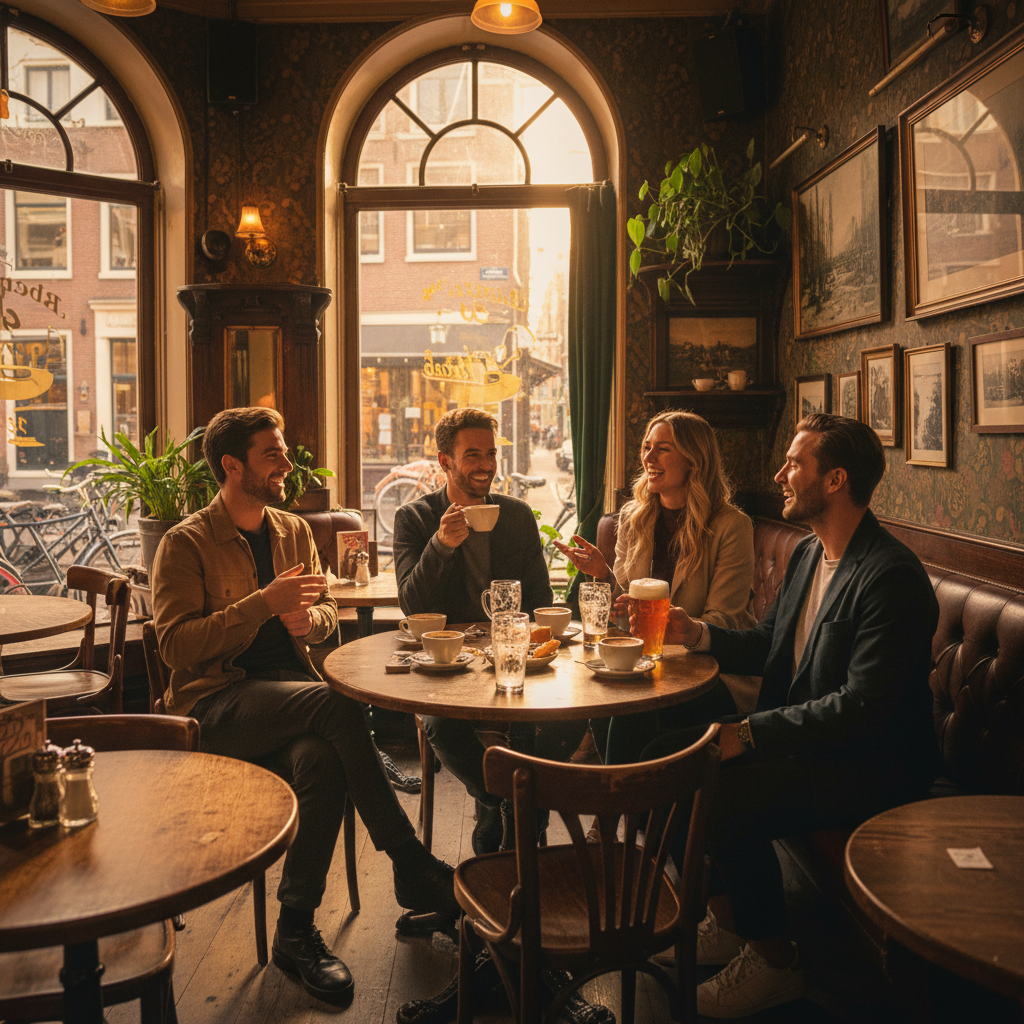 Friends meeting in a brown cafe, Amsterdam, horizontal photo
