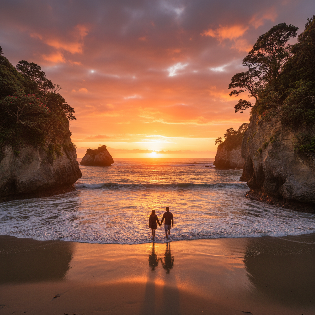 romantic sunset over a New Zealand beach