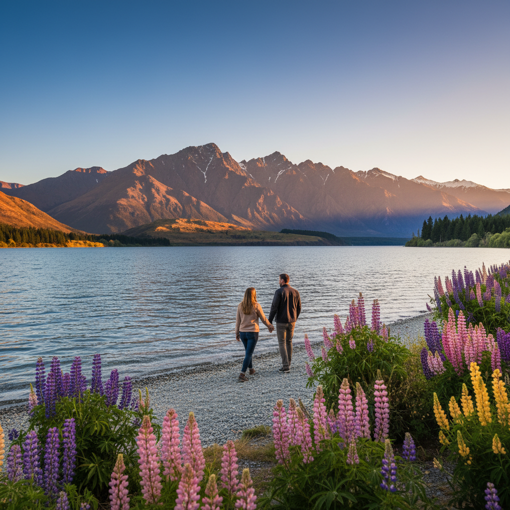 Couple walking Queenstown New Zealand lakeside romantic mountains