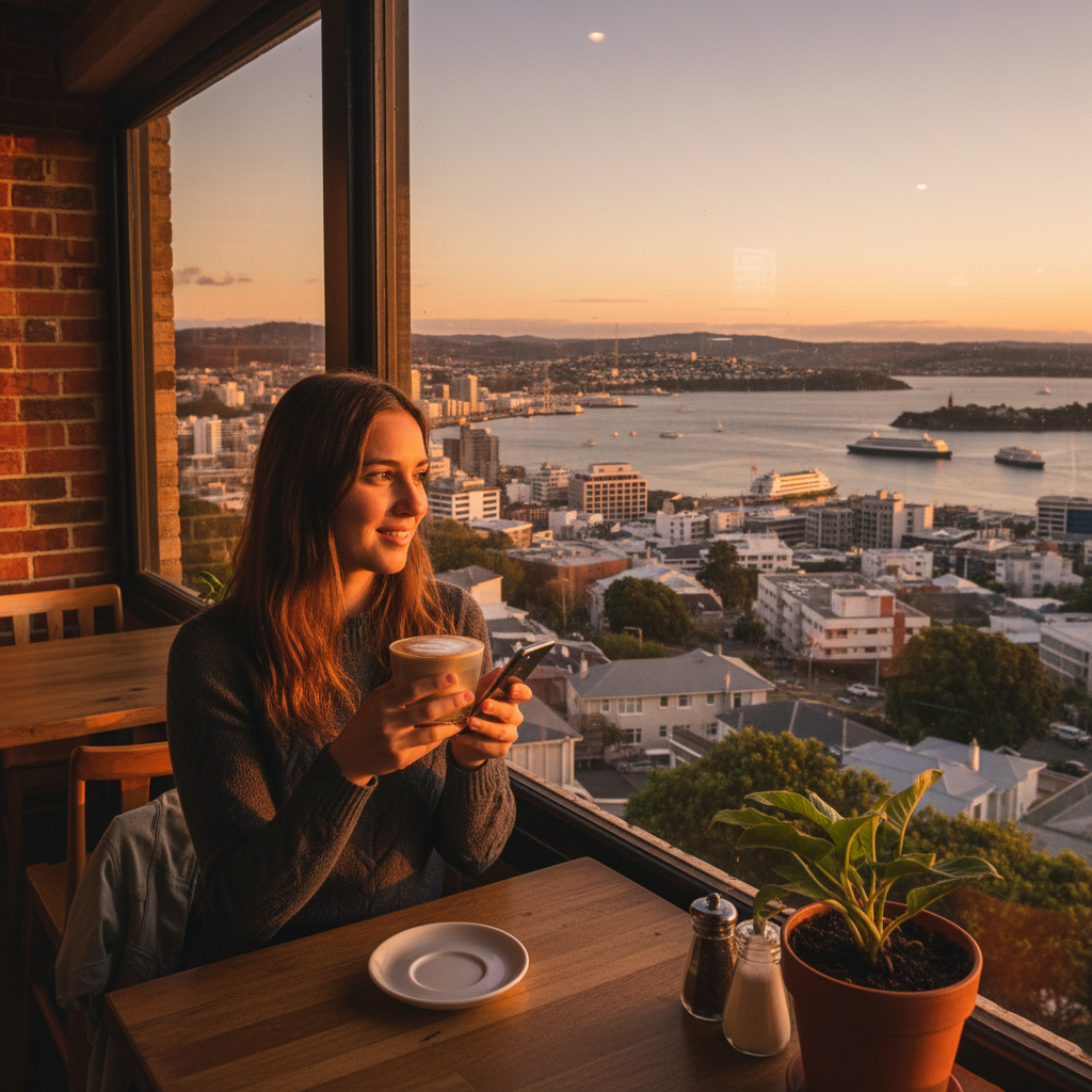 Young New Zealander smartphone Wellington cafe flat white coffee