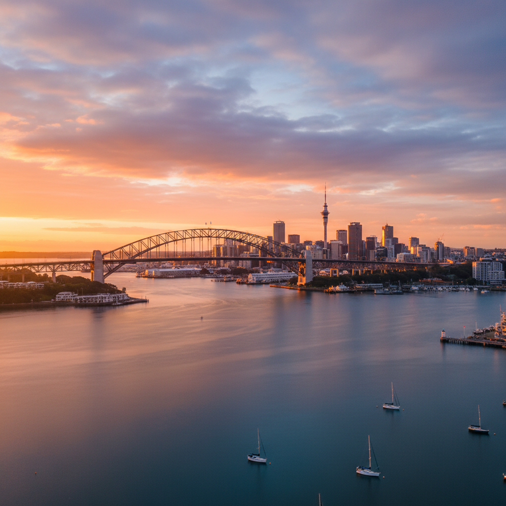 Auckland New Zealand harbour bridge city skyline blue water