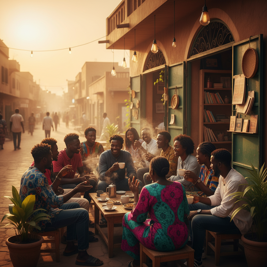 young adults gathered in a lively Niger cafe, conversation and coffee, warm lighting, horizontal