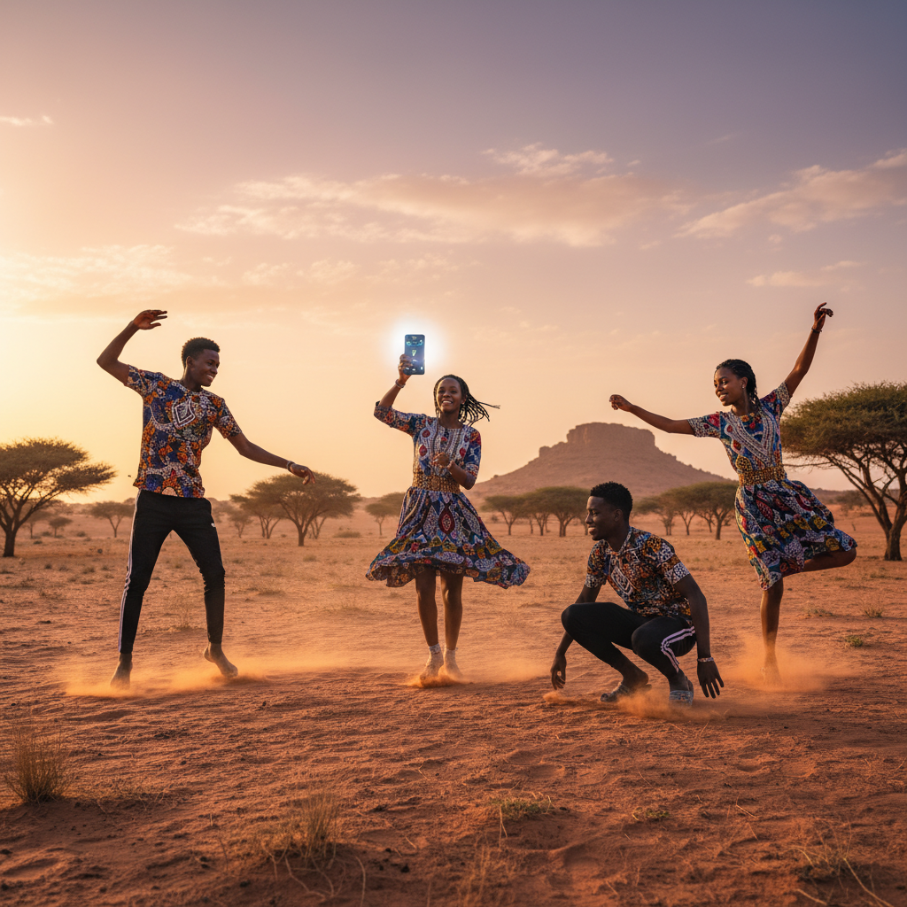 Niger youth participating in a dance challenge on a smartphone, dynamic movement, horizontal