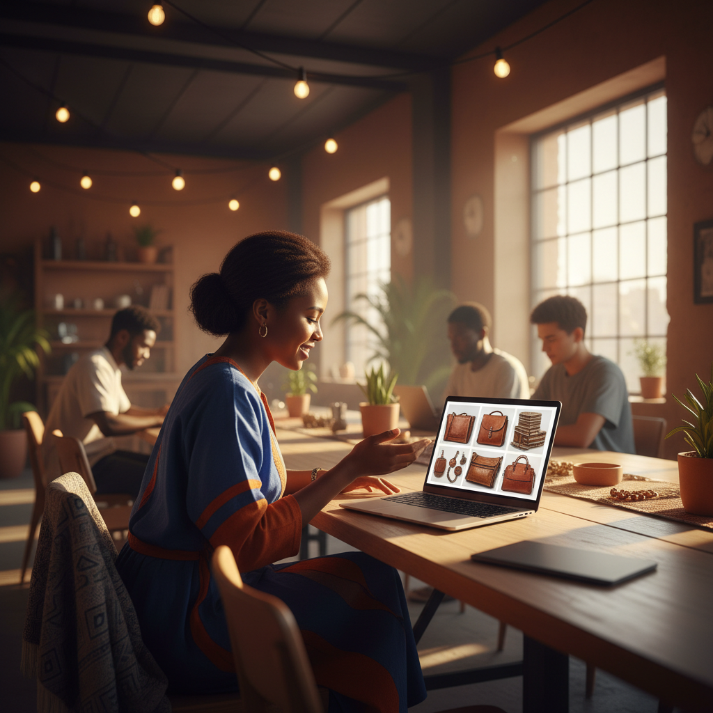 young Niger entrepreneur showcasing products on a laptop in a co-working space, focused, horizontal