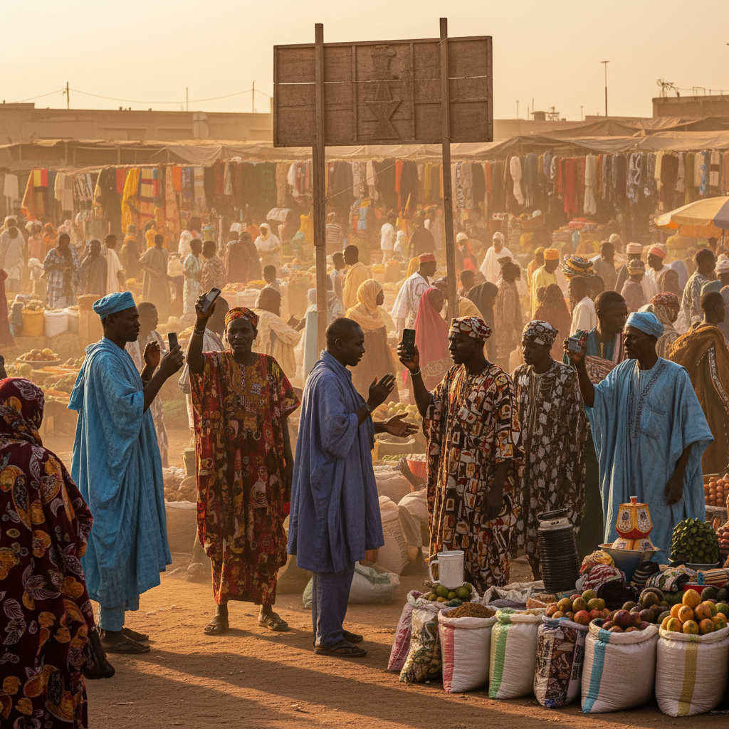 people using mobile phones and discussing news in a bustling Niger market, vibrant colors, horizontal