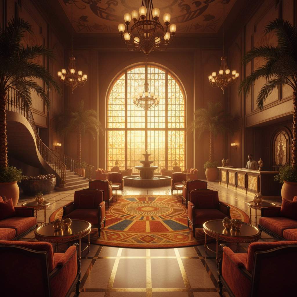 interior of a well-decorated hotel lobby in Niamey, Niger, elegant design, horizontal