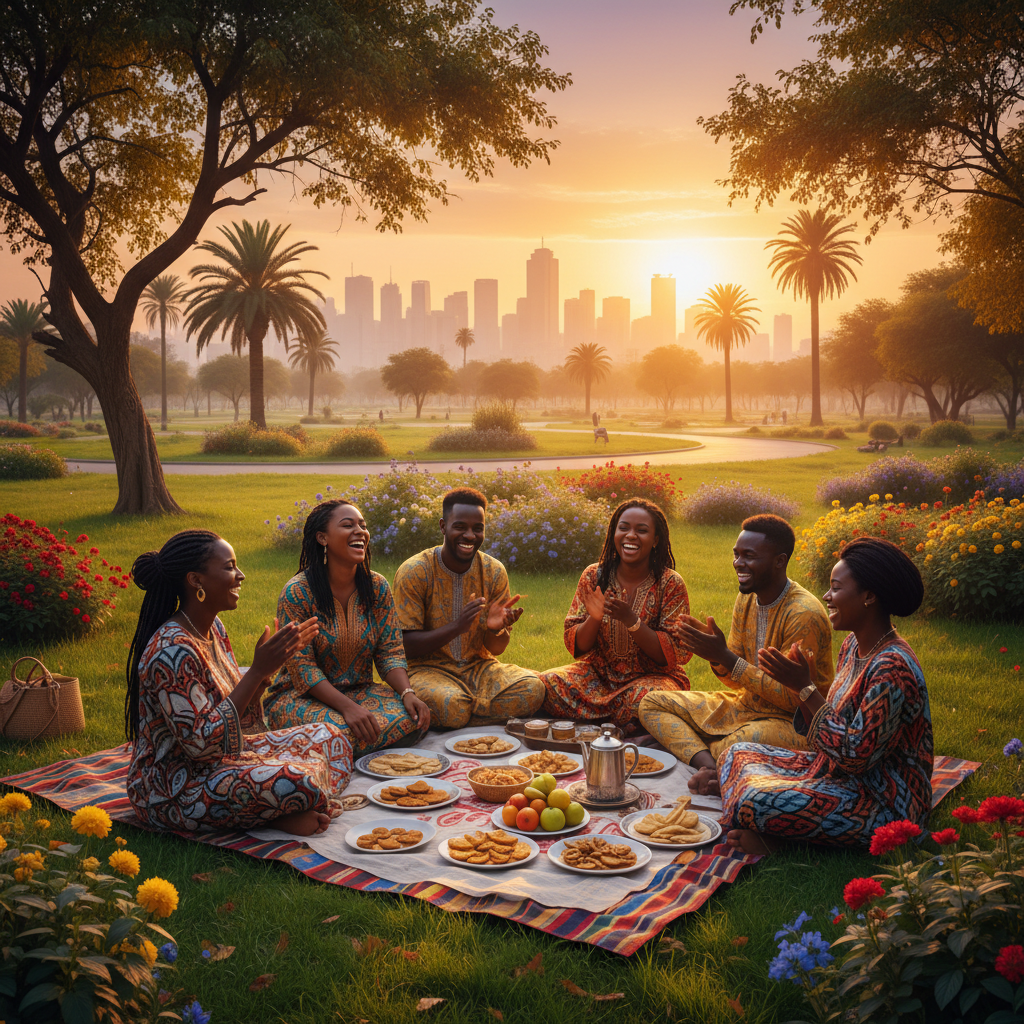 diverse group of Niger friends laughing and connecting in a park, outdoor gathering, horizontal