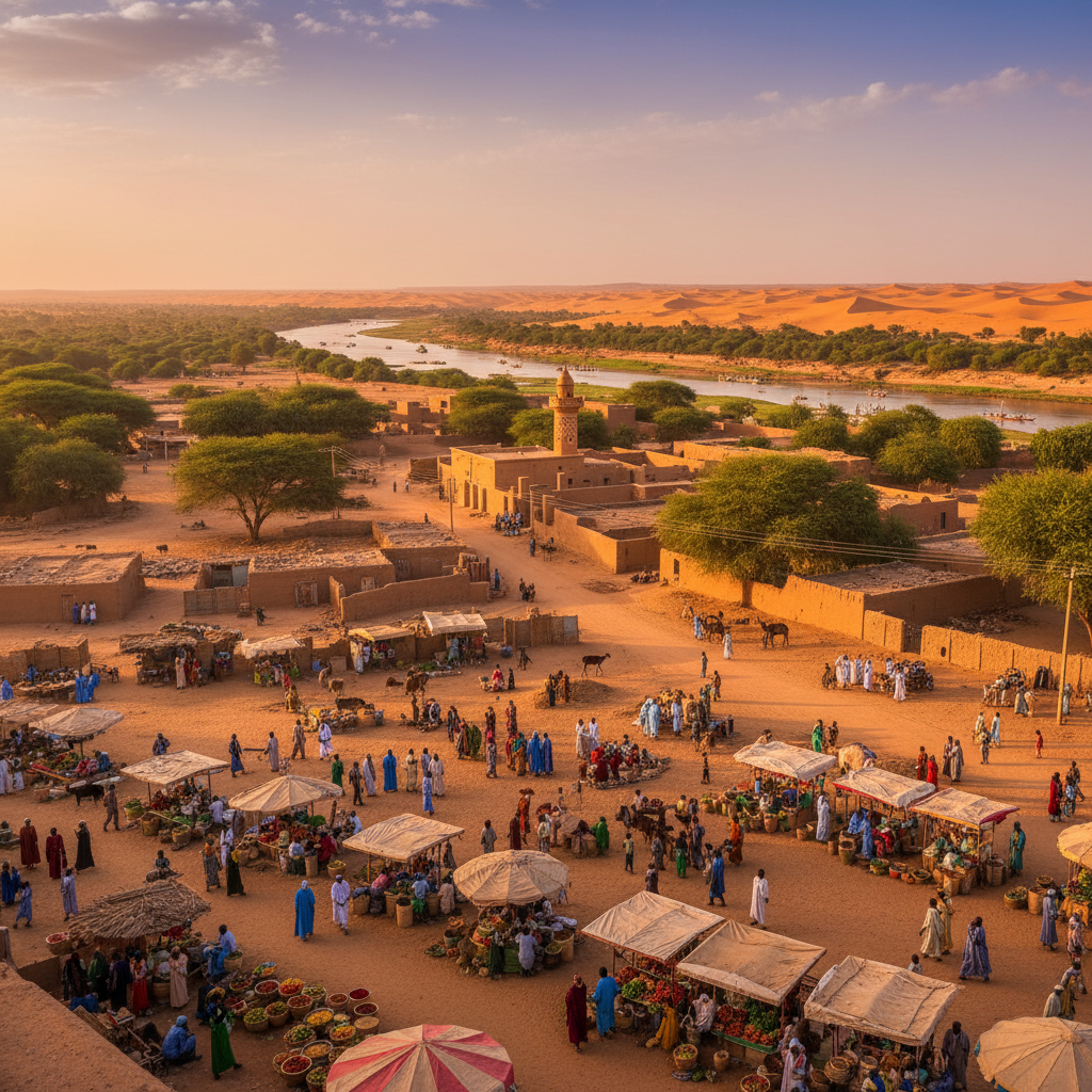 overview of Niger social life and public spaces, daytime, natural light, wide shot