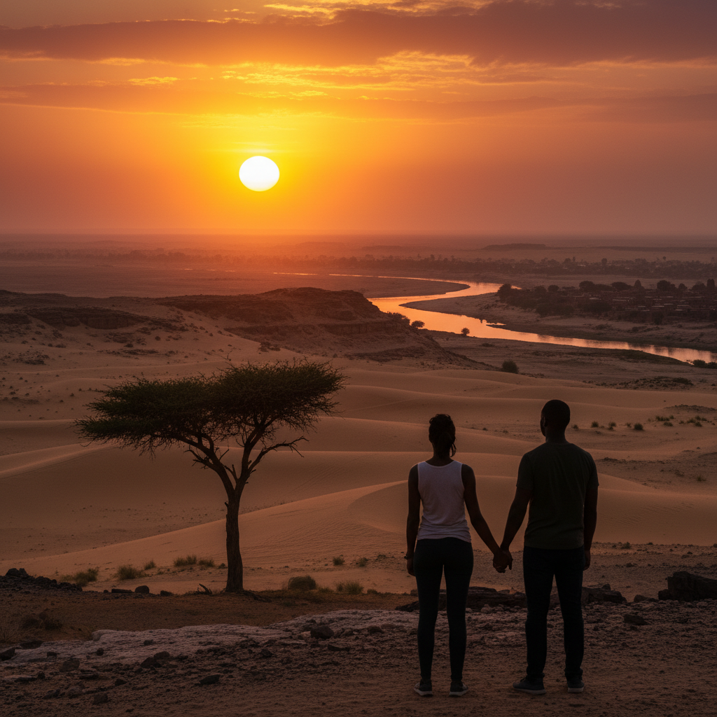 romantic sunset view over a Niger landscape, silhouette of people, warm colors, horizontal