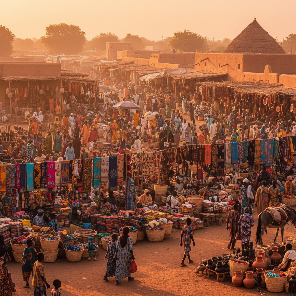 busy traditional Niger market with colorful textiles and crafts for sale, shoppers, horizontal