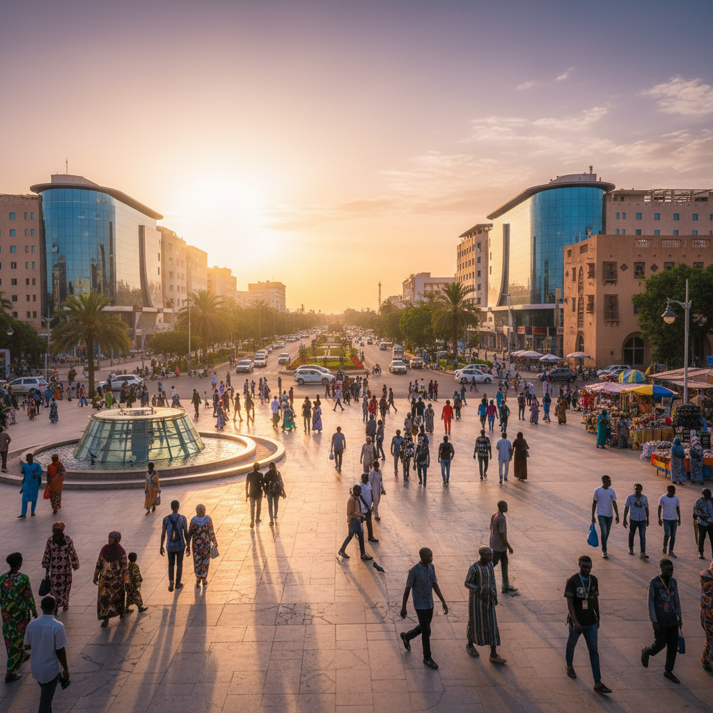 street view of a modern Niger city square with people walking, urban landscape, horizontal
