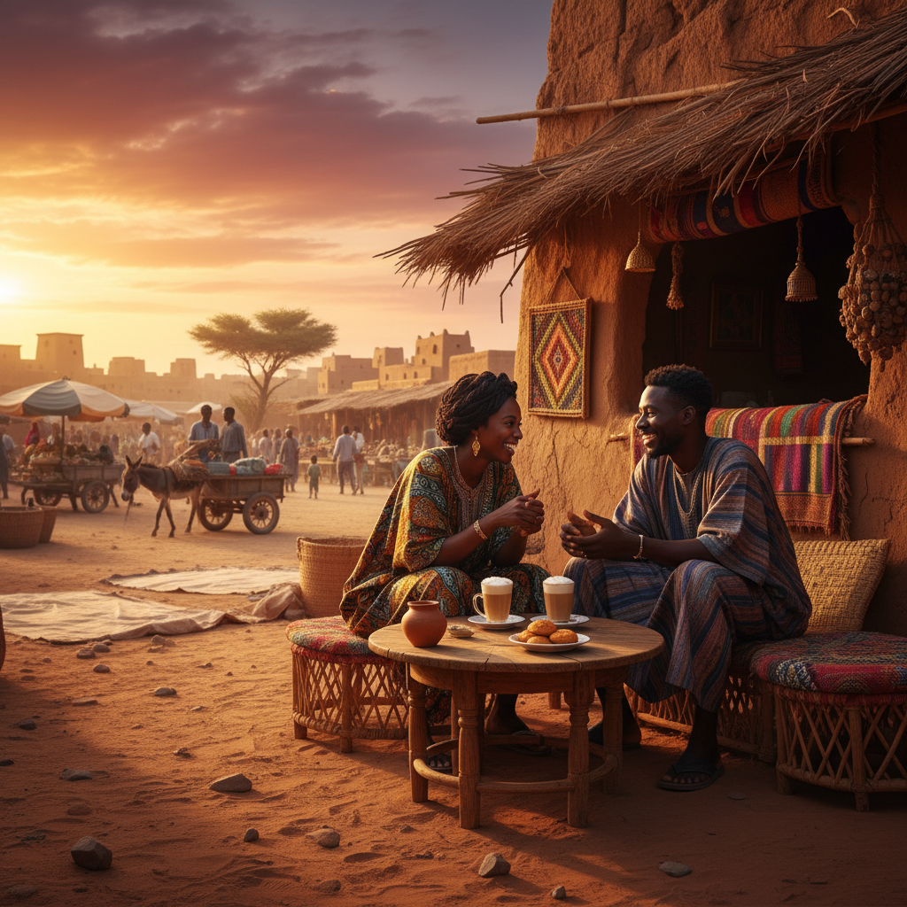 couple meeting for coffee at a casual Niger cafe, smiling and talking, soft lighting, horizontal