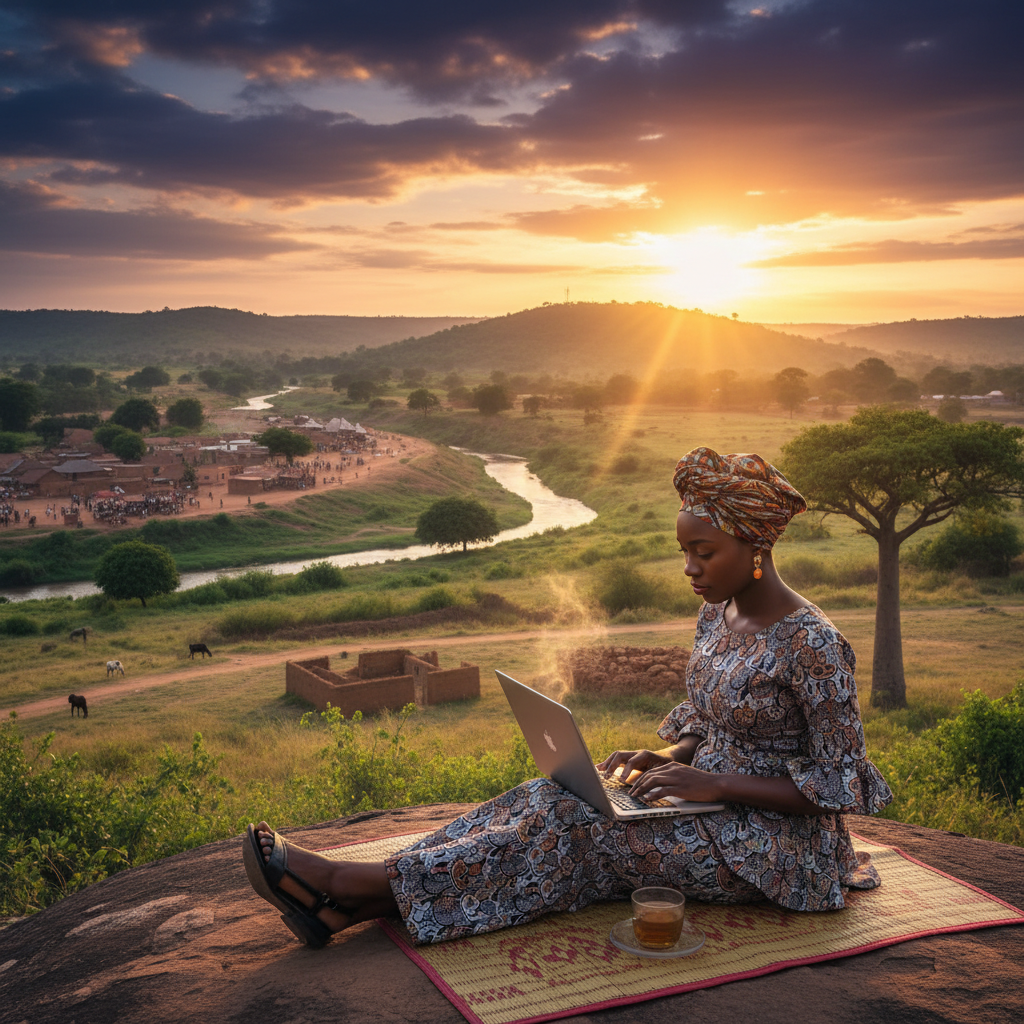 Nigerian entrepreneur working on laptop horizontal