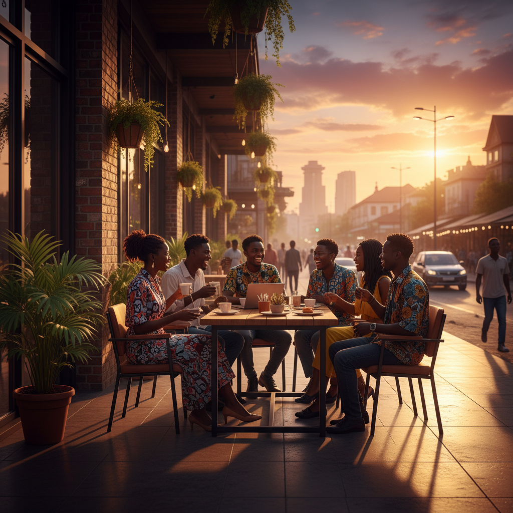 Modern cafe interior Nigeria socializing horizontal