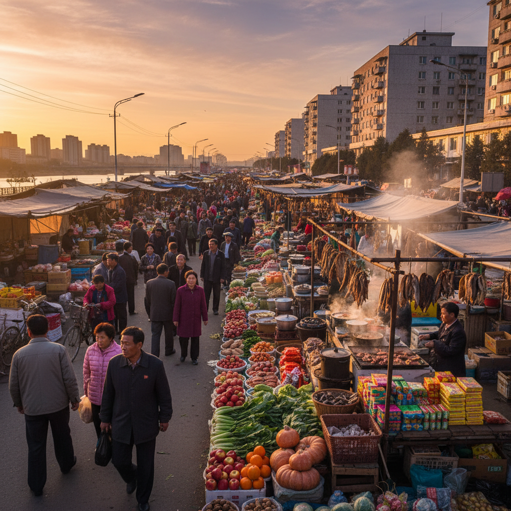 North Korea Pyongyang street scene bustling quiet architecture people walking horizontal