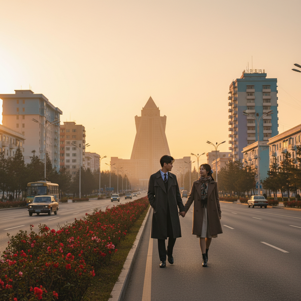 North Korea young couple traditional clothing looking thoughtful subtle connection horizontal