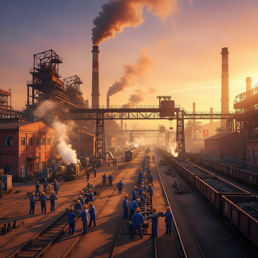 North Korea people working in fields or factory quiet determination horizontal