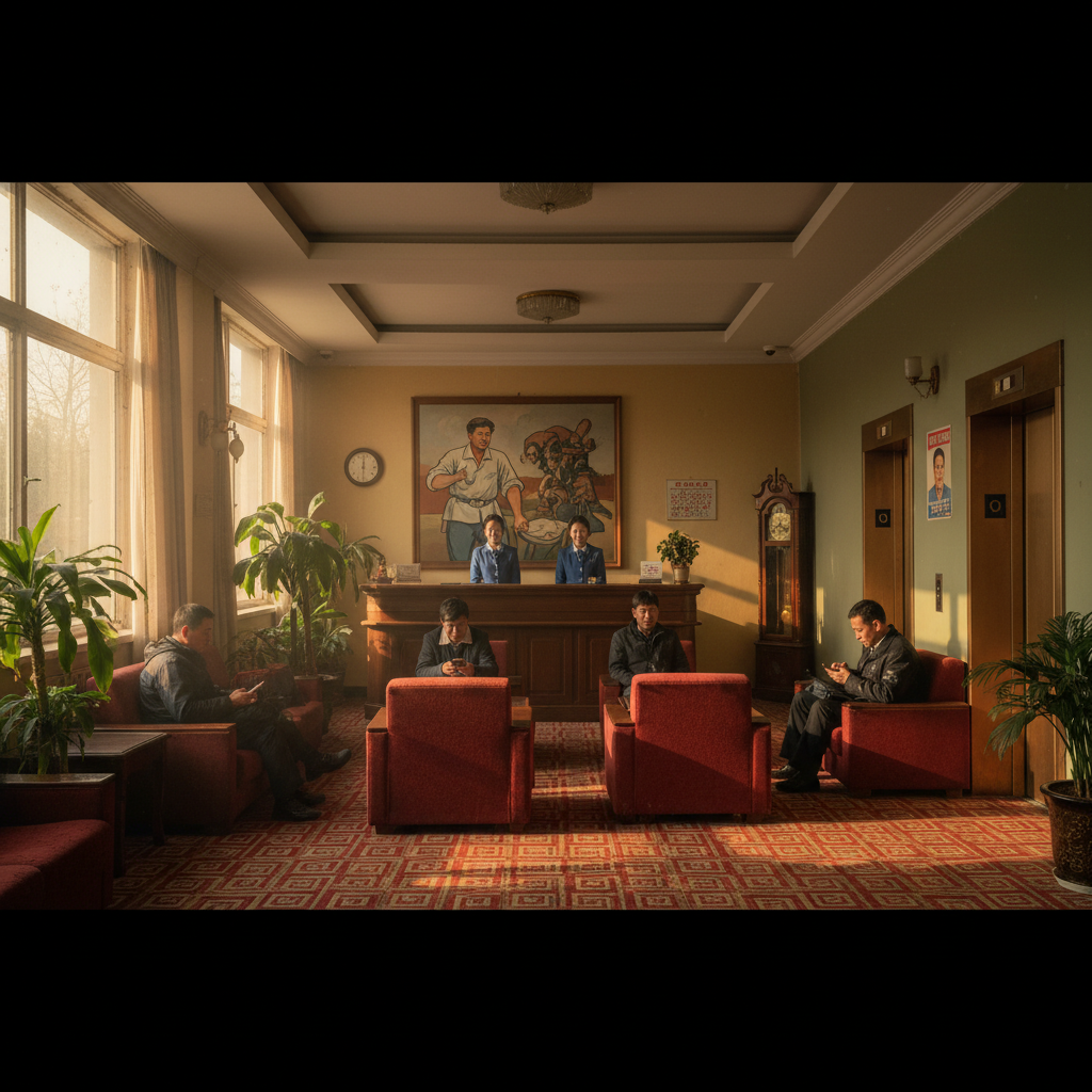 North Korea hotel interior minimalist design clean lines reception desk horizontal