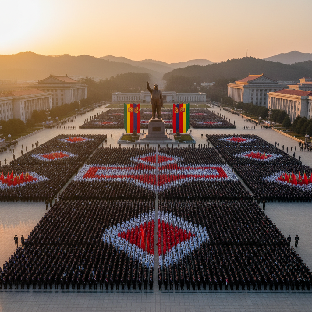 North Korea group of friends gathering in a designated public space joyful but controlled horizontal