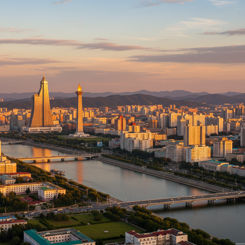 North Korea overview cityscape serene dramatic lighting wide shot horizontal