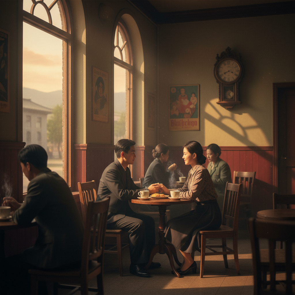 North Korea romantic scene subtle gestures park bench quiet moment horizontal