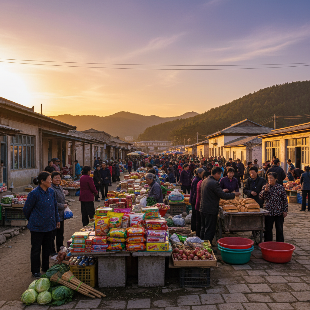North Korea local market shopping produce vendors interactions authentic horizontal