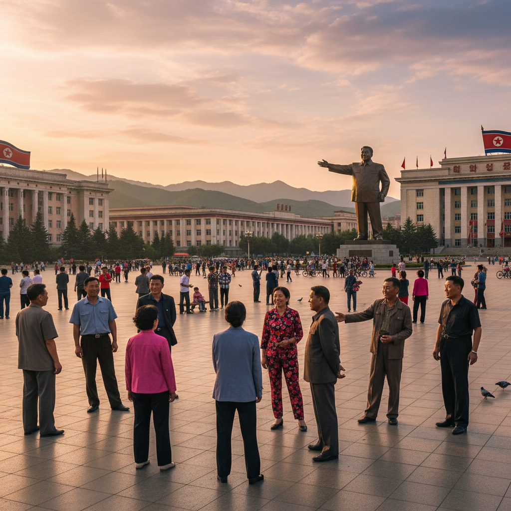 North Korea public park gathering place people interacting natural setting horizontal