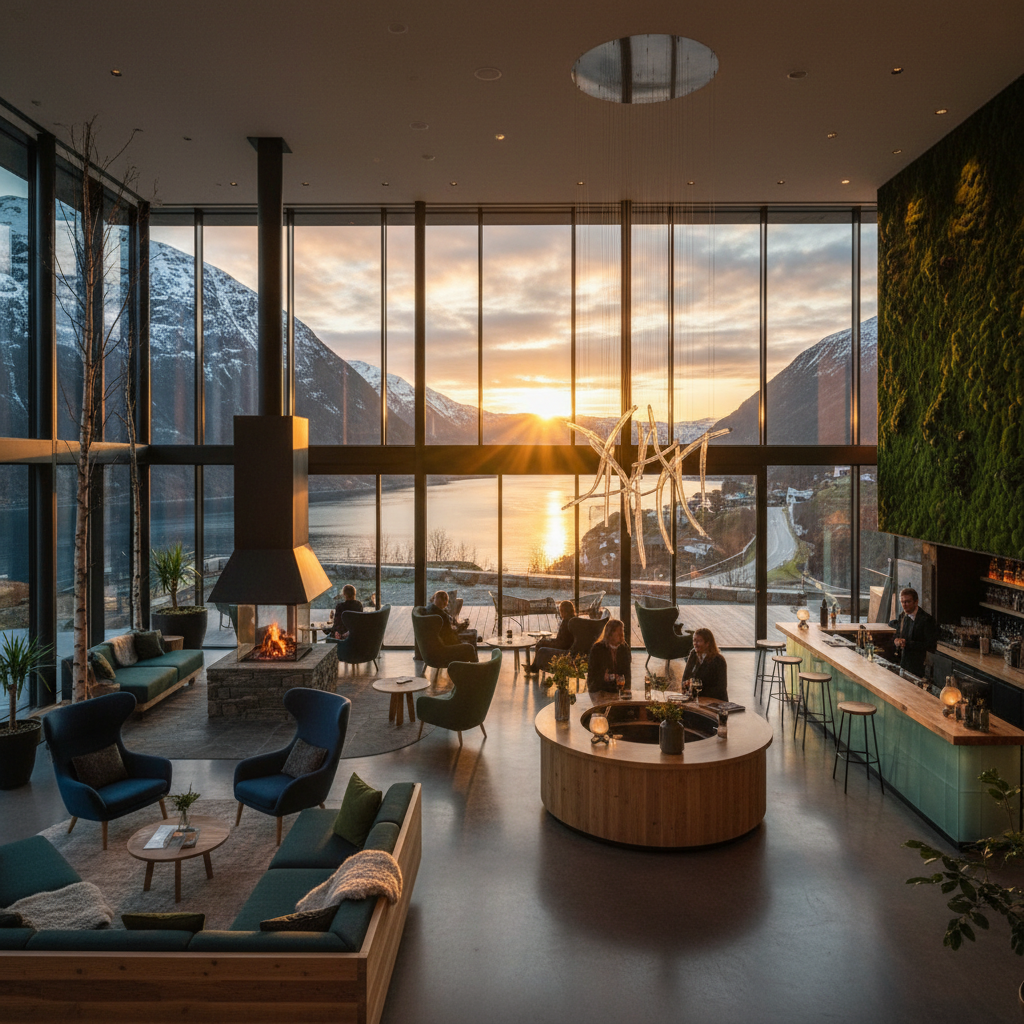 Modern hotel lobby Norway accommodation horizontal