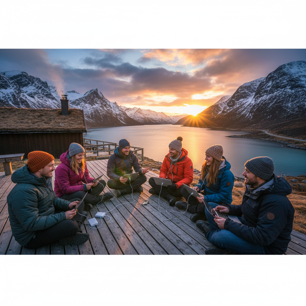 Group of friends connecting online Norway horizontal