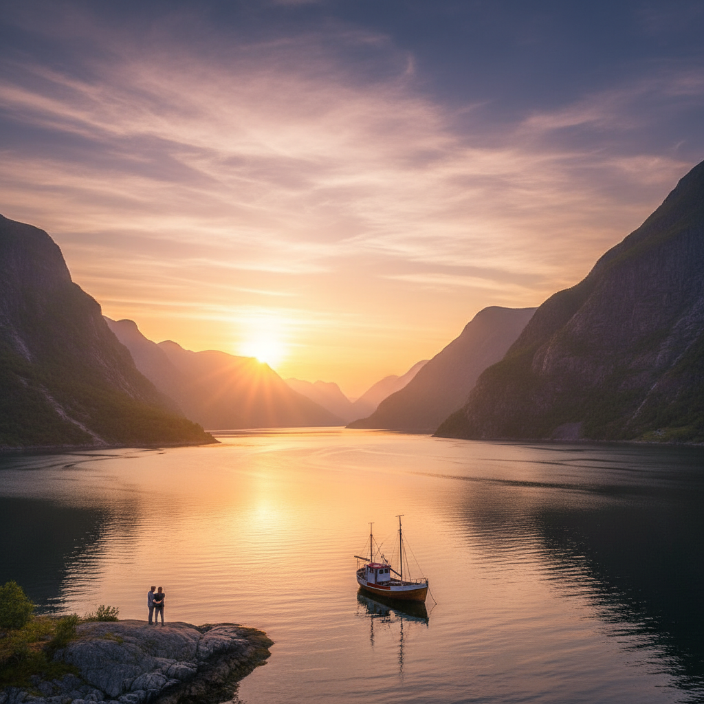 Romantic sunset fjord Norway horizontal