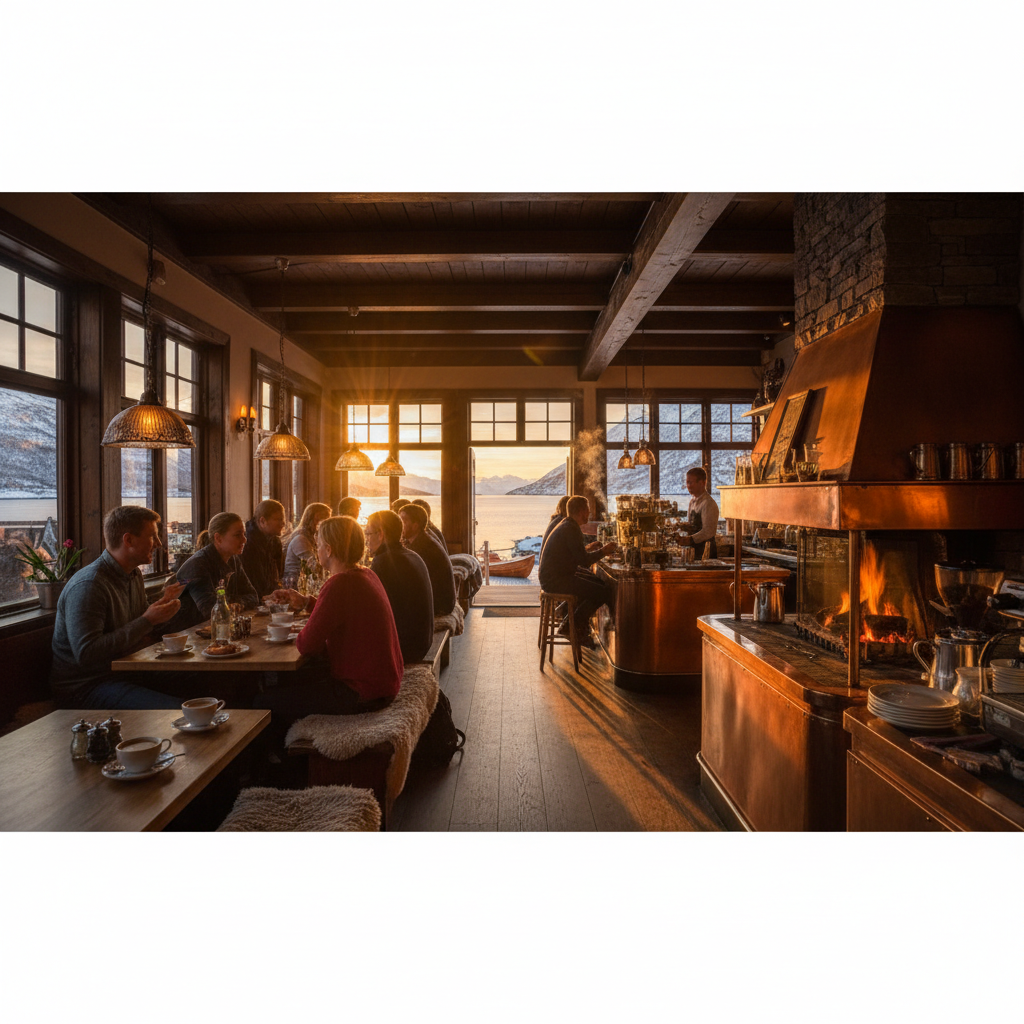 Cafe interior popular meeting spot Norway horizontal