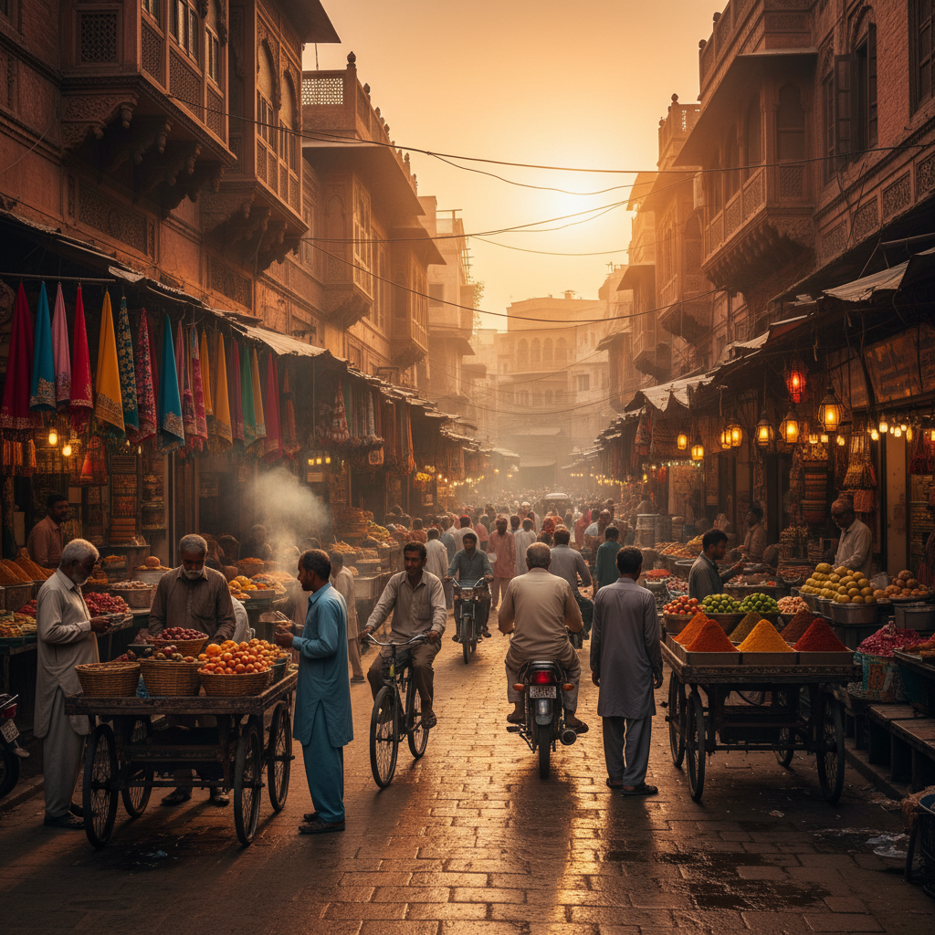 Bustling street scene Karachi Pakistan smartphones